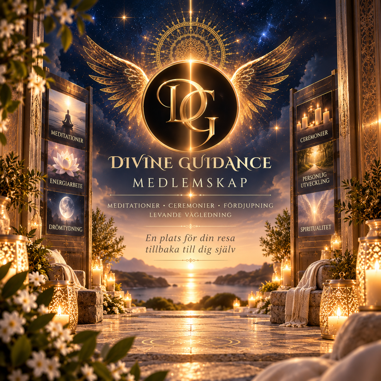 Divine Guidance-medlemskap för personlig och själslig utveckling med meditationer, ceremonier och vägledning.