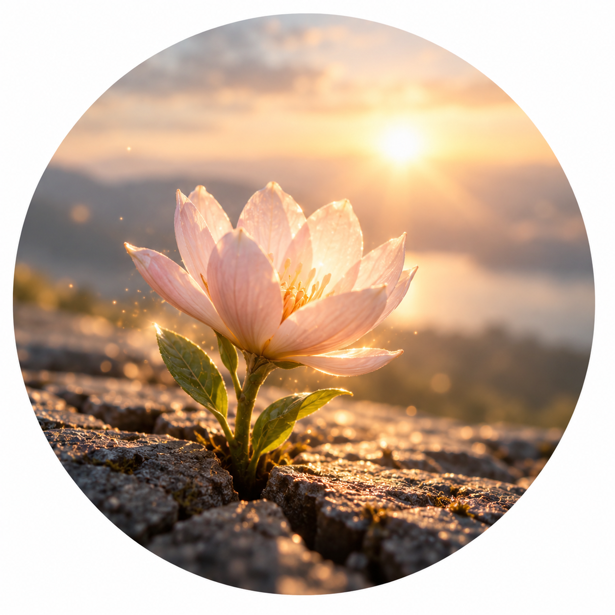 En blomma som växer genom klippan i varmt solljus och symboliserar inre läkning och frigörelse.